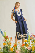 Umgee Linen Cotton Contrast Neckline Midi Dress in Navy