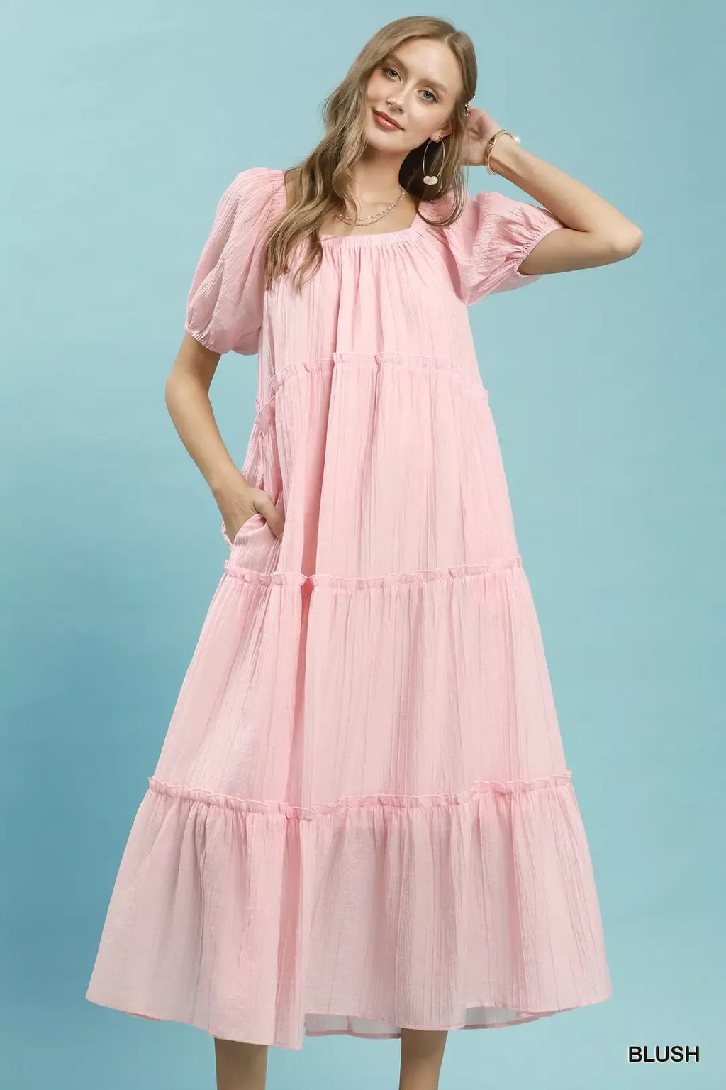 Umgee Textured Tiered Midi Dress in Blush