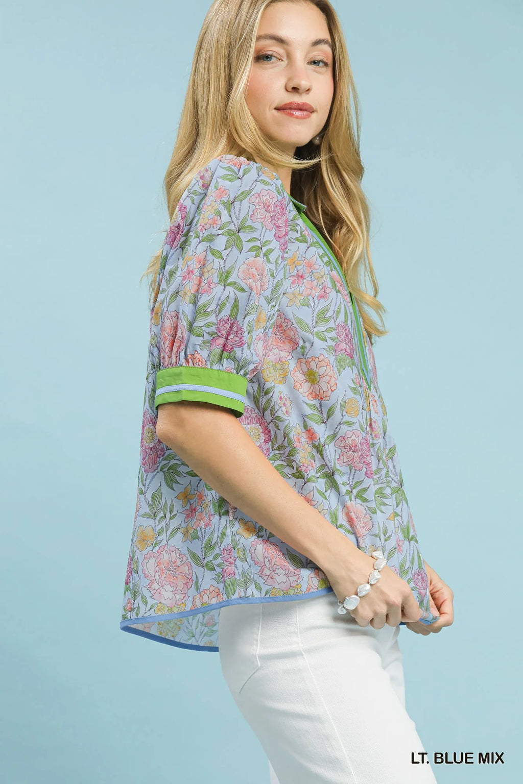 Umgee Mix Floral Puff Sleeve Blouse with Contrast Trim in Blue