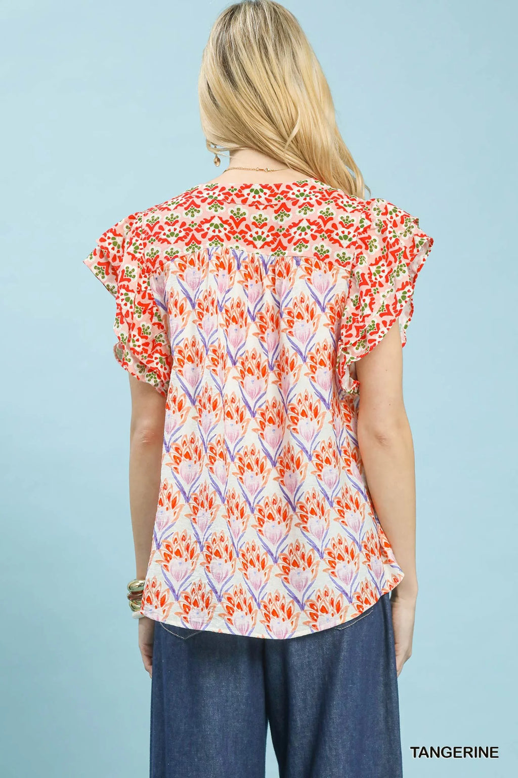 Umgee Double Frill Sleeve Floral Blouse in Tangerine