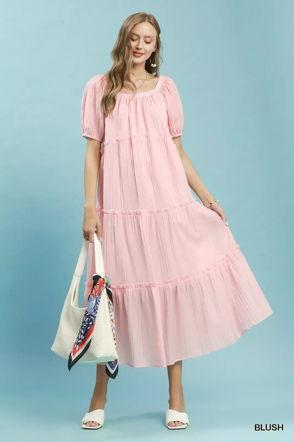 Umgee Textured Tiered Midi Dress in Blush