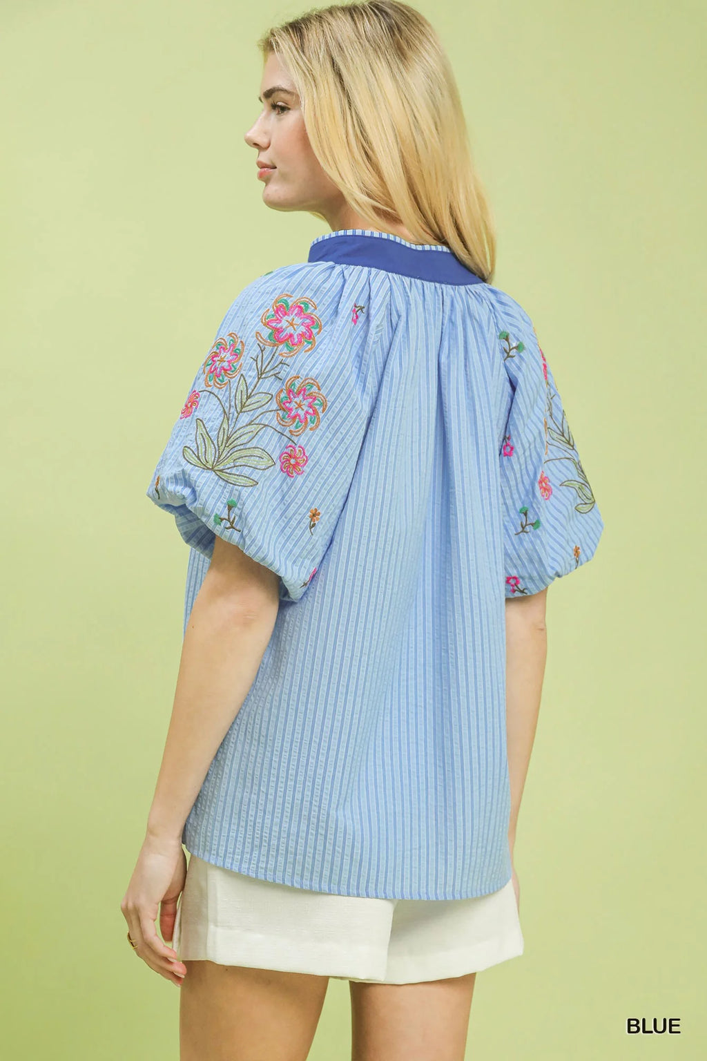 Umgee Embroidered Stripe Top in Blue