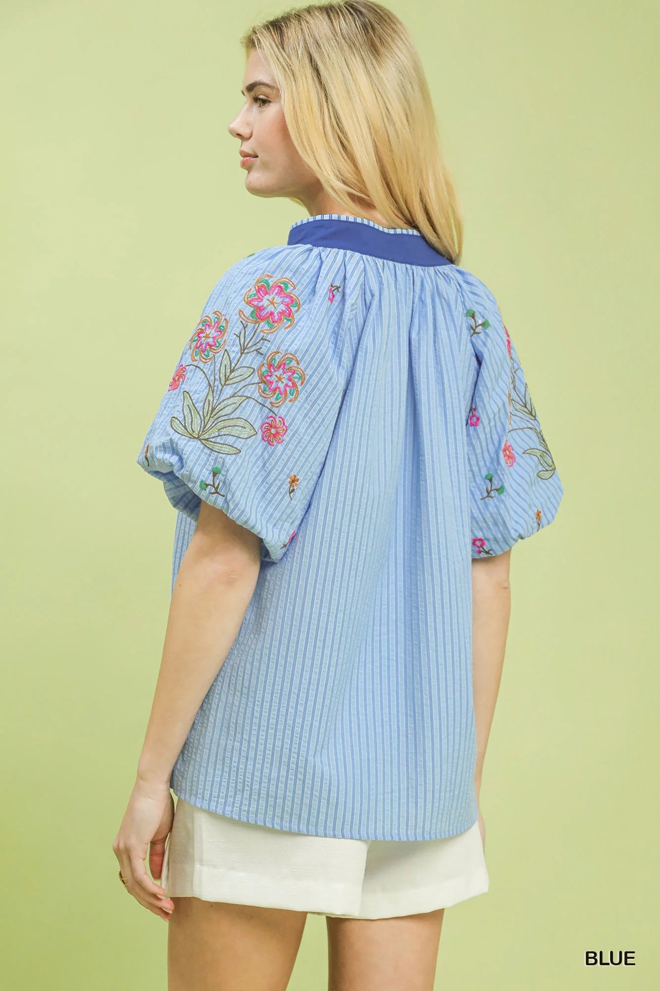 Umgee Embroidered Stripe Top in Blue