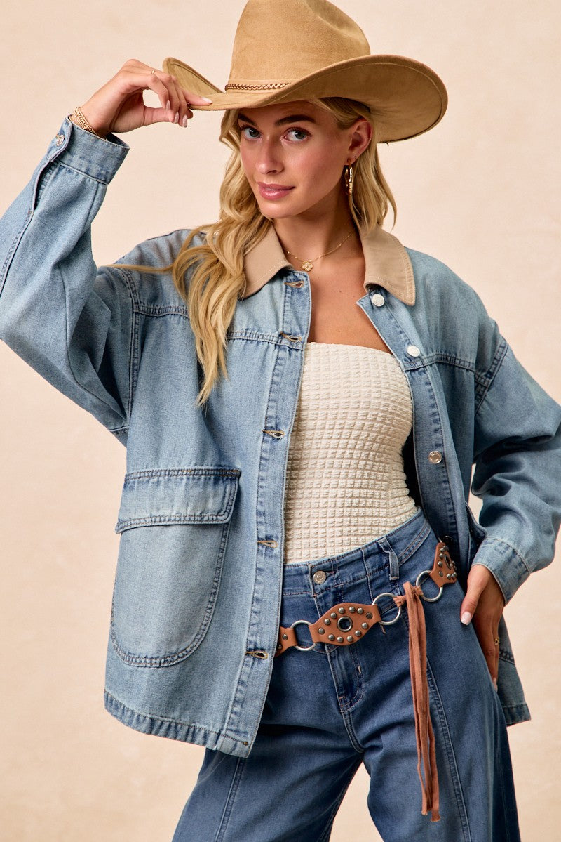 BiBi Washed Denim Contrast Collar Jacket