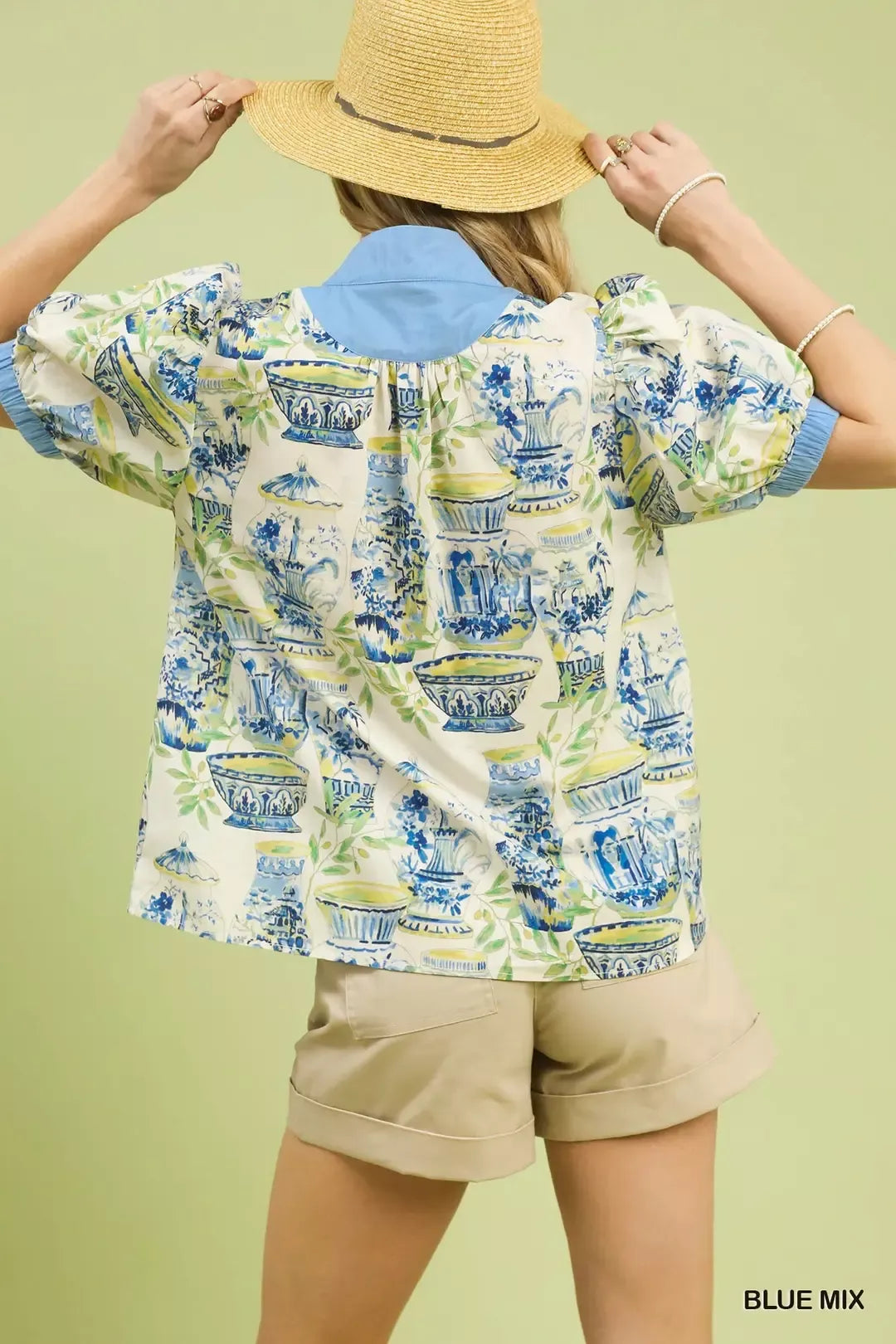Umgee Abstract Print V-Neck Top in Blue Mix