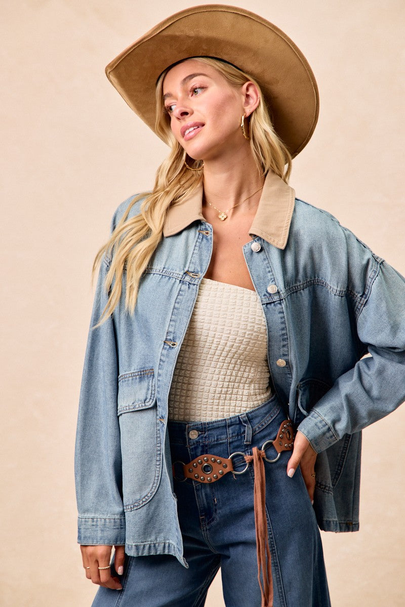 BiBi Washed Denim Contrast Collar Jacket
