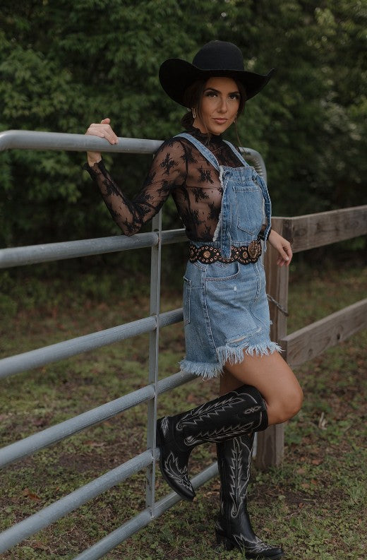Denim Lab USA |Frayed Denim Overalls Dress