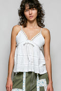 POL V-Neck Embroidered Trim Ruffled Cami in Off White