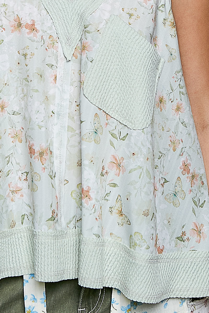 POL Floral V-Neck Tank with Front Pocket