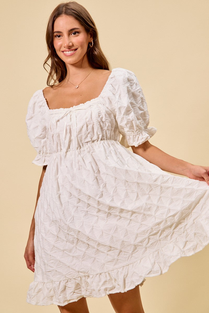 SO ME Texture Woven Ruching On Bust Mini Dress in White