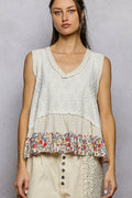 POL Floral Print V-Neck Textured Tank in Cream