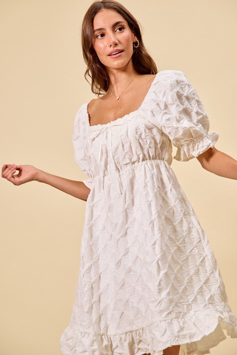 SO ME Texture Woven Ruching On Bust Mini Dress in White