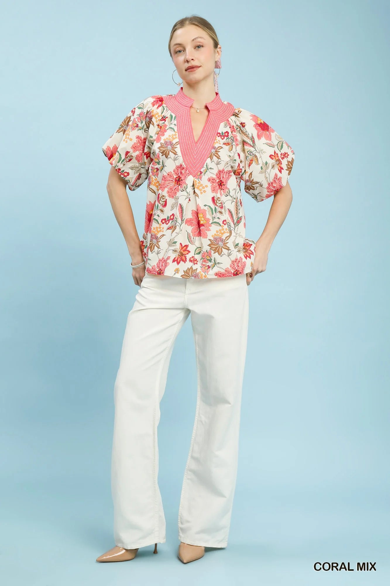 Umgee Mix Floral Puff Sleeve Blouse in Coral