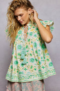 POL Tassel Tied Floral Flutter Sleeve Blouse in Mint