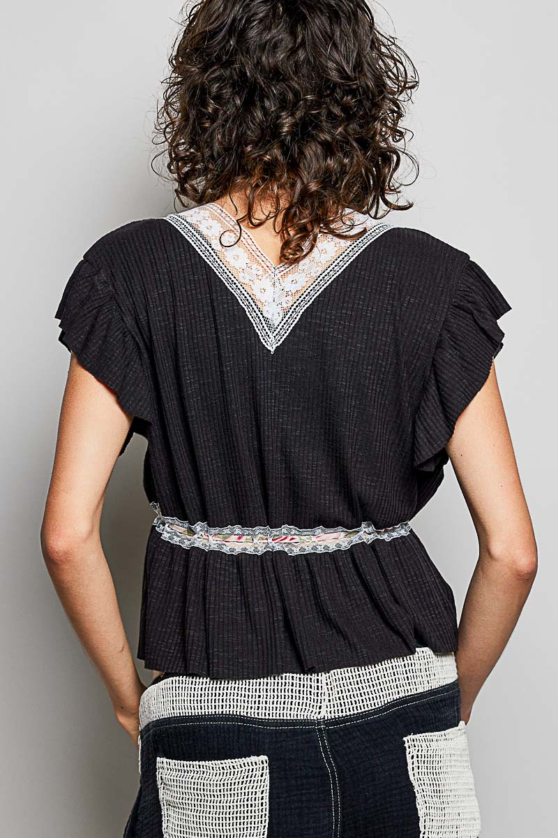 POL Tied Ruffled V-Neck Short Sleeve Blouse with Lace Detail in Black
