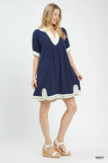 Umgee Linen Contrast Trim Midi Dress in Navy
