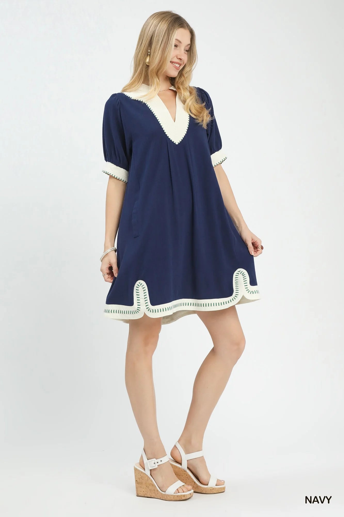 Umgee Linen Contrast Trim Midi Dress in Navy
