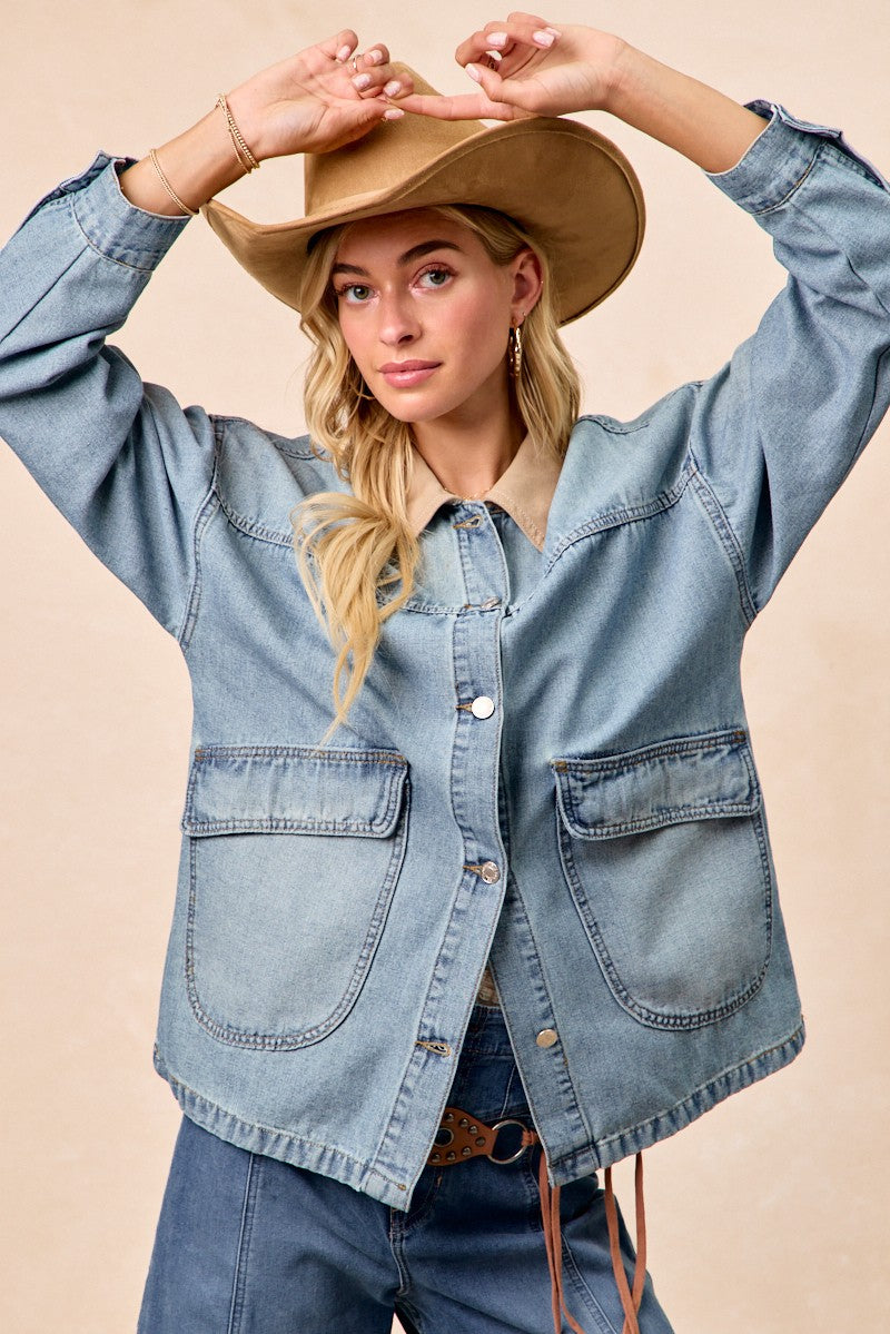 BiBi Washed Denim Contrast Collar Jacket