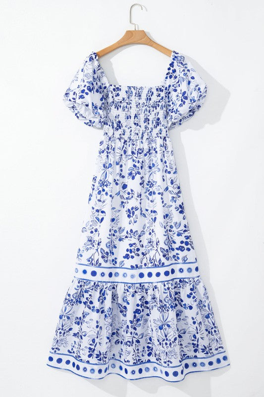 Floral Square Neck Bubble Sleeve Maxi Dress