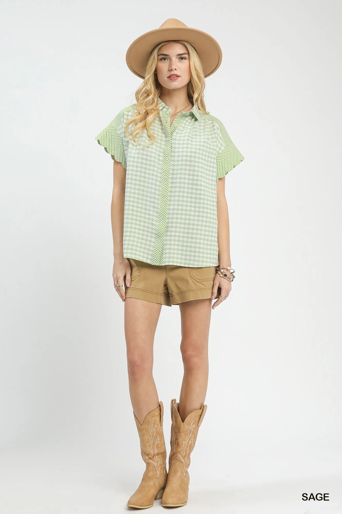 Umgee Mixed Gingham Short Sleeve Shirt