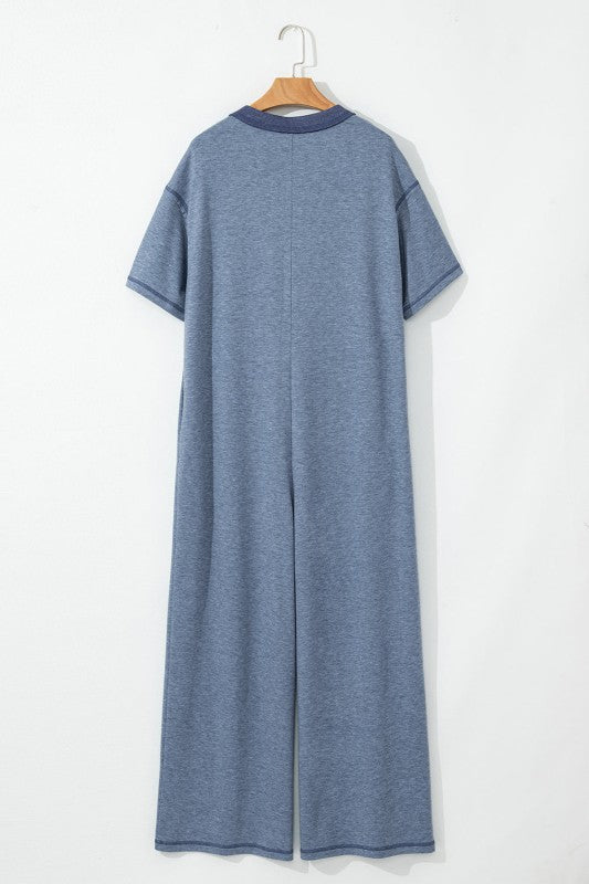 Half Placket Chest Pockets Wide Leg Jumpsuit