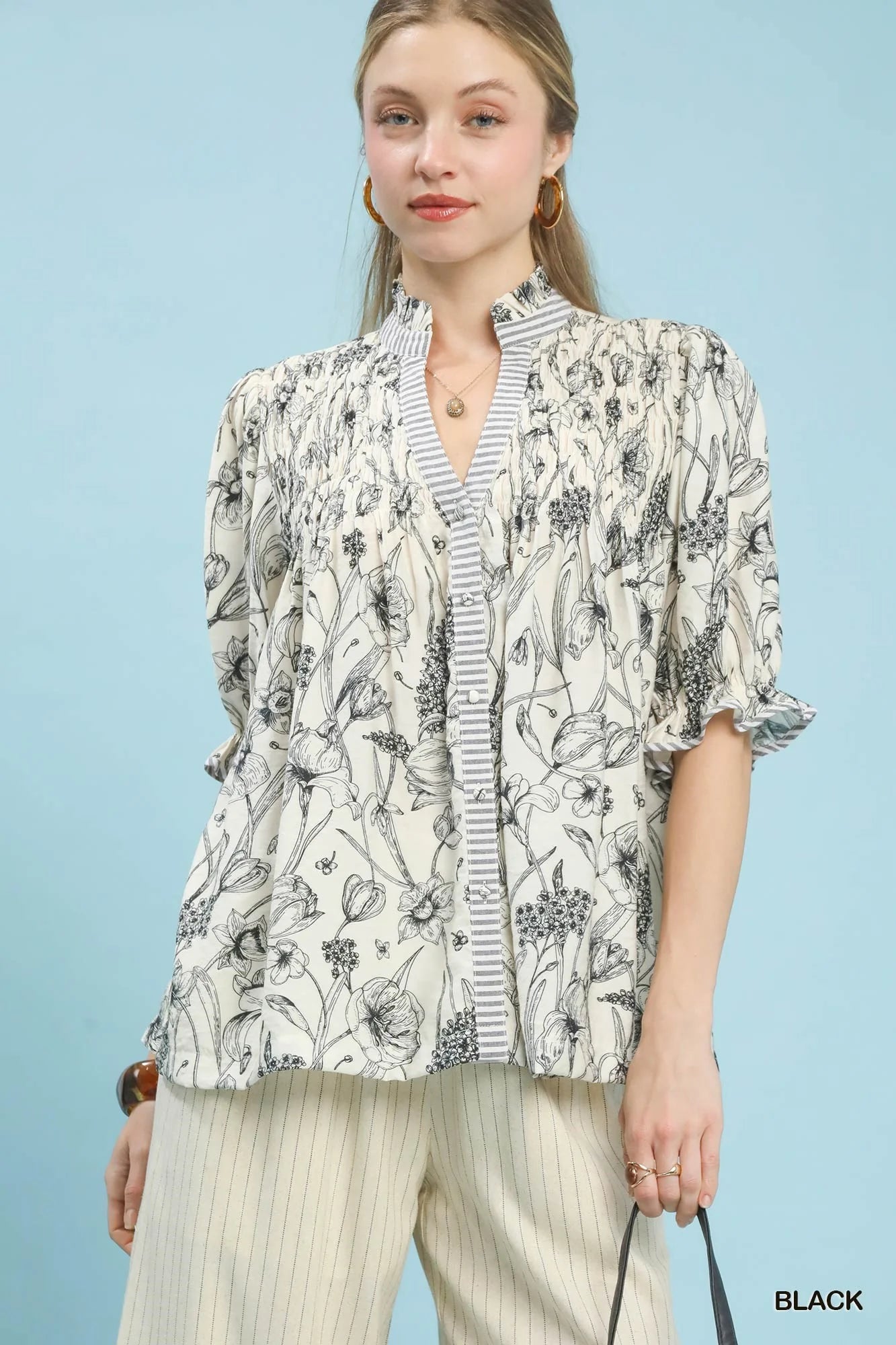 Umgee Mixed Print Button Front Top in Black