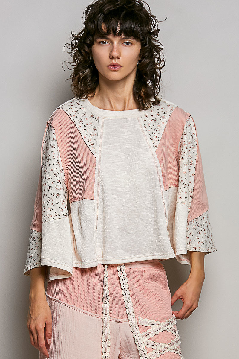 POL Exposed Seam Floral Patchwork Round Neck Textured Slub Knit Top in Natural