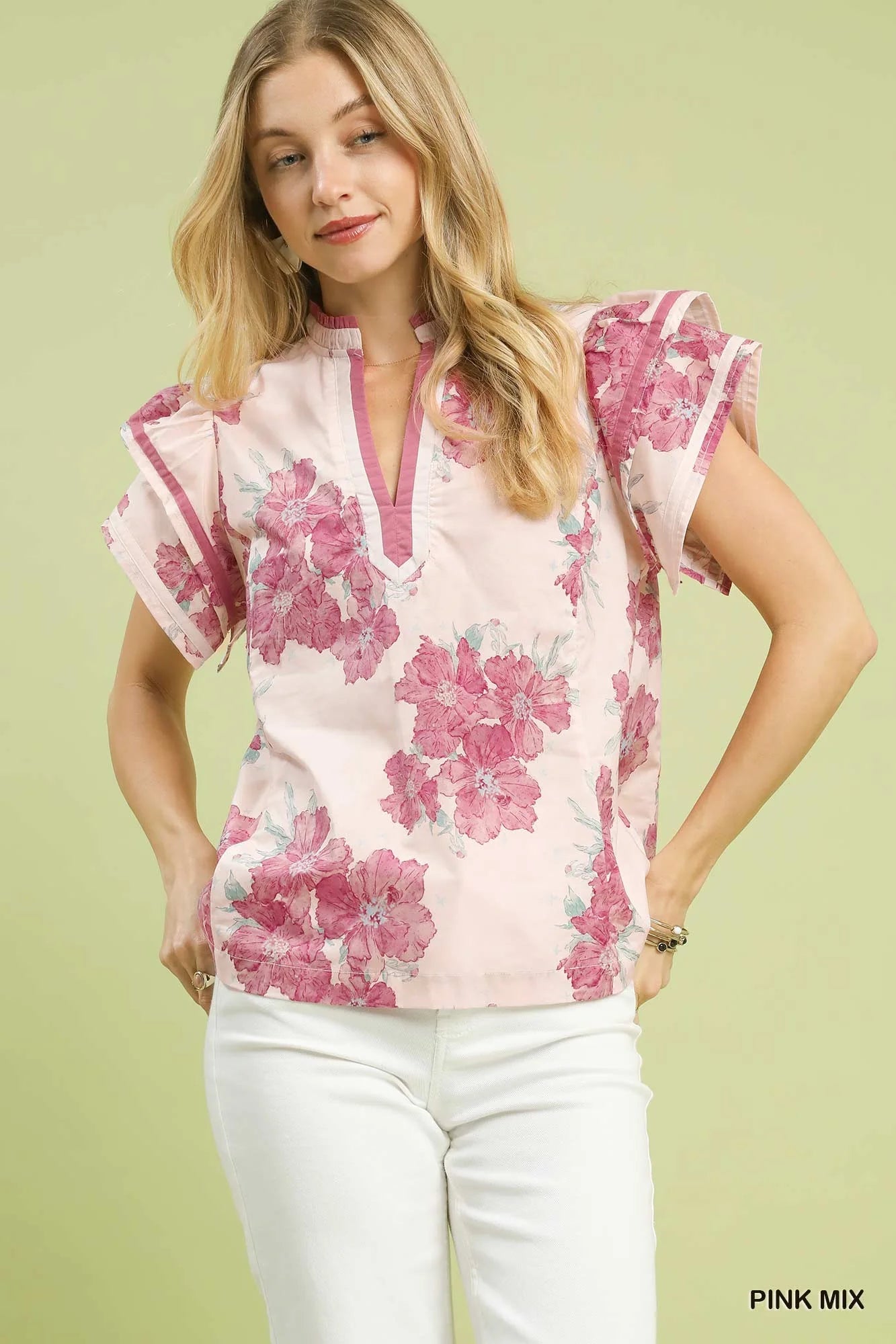 Umgee Mix Floral Ruffle Sleeve Blouse in Pink
