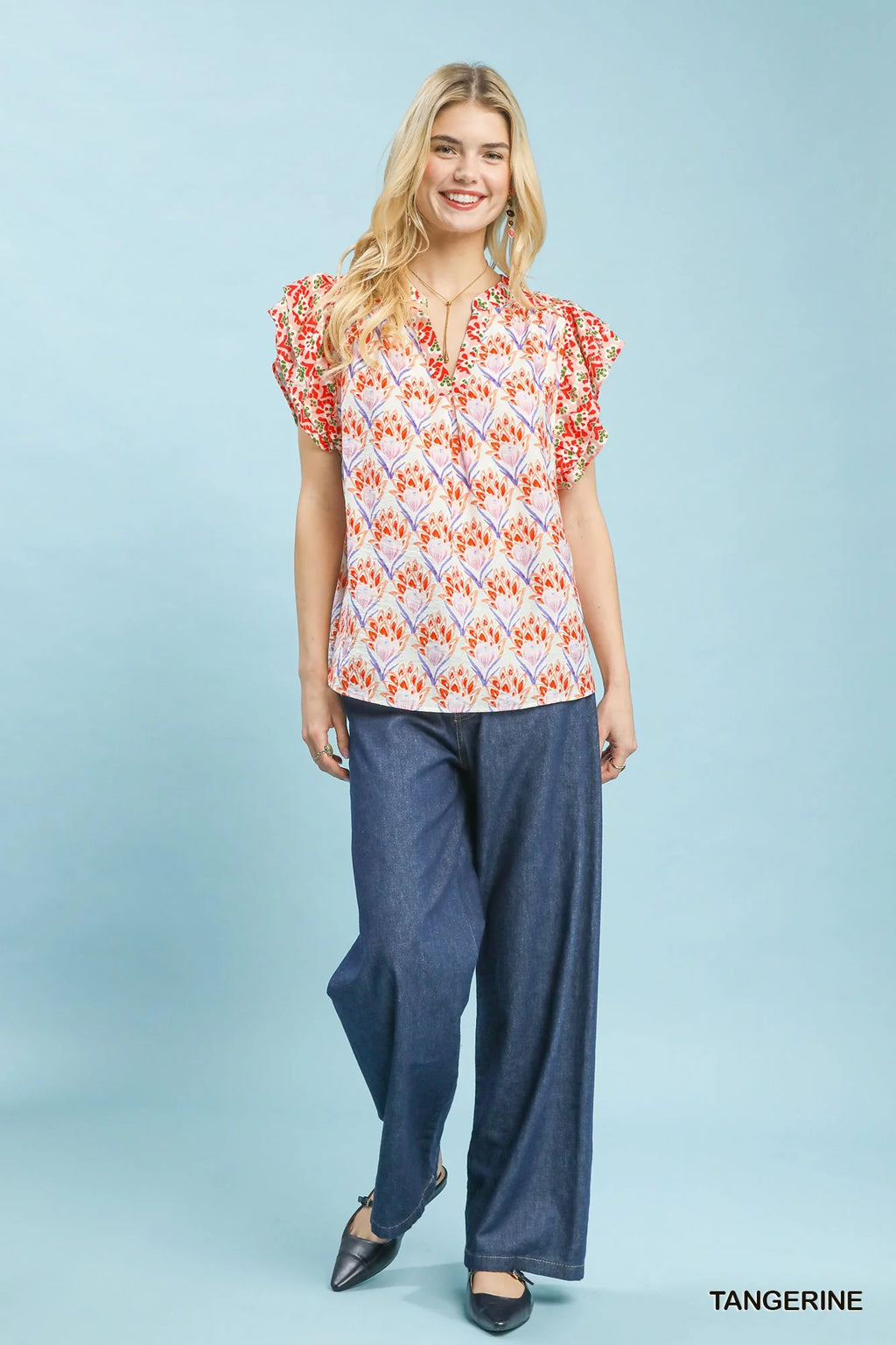 Umgee Double Frill Sleeve Floral Blouse in Tangerine