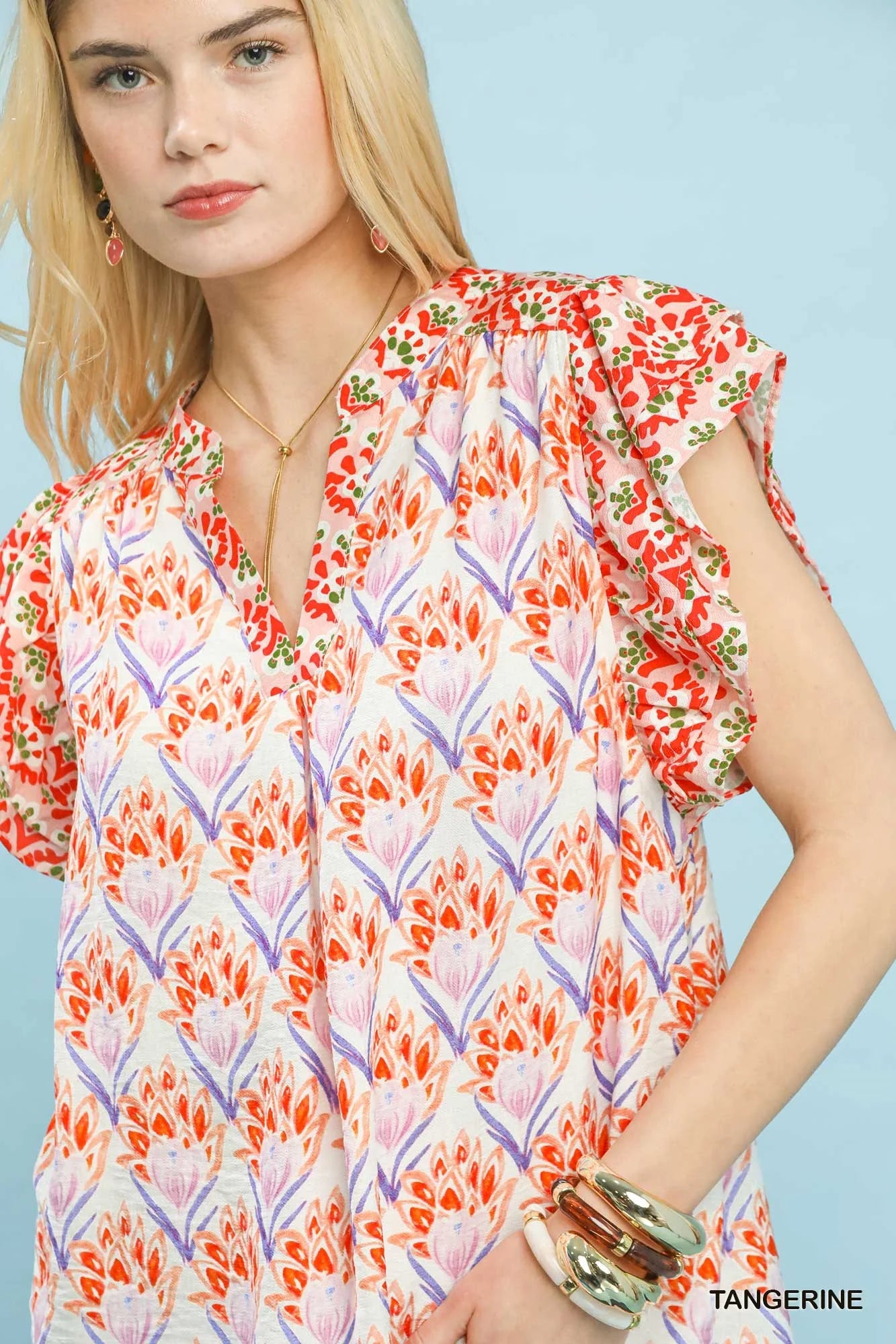 Umgee Double Frill Sleeve Floral Blouse in Tangerine