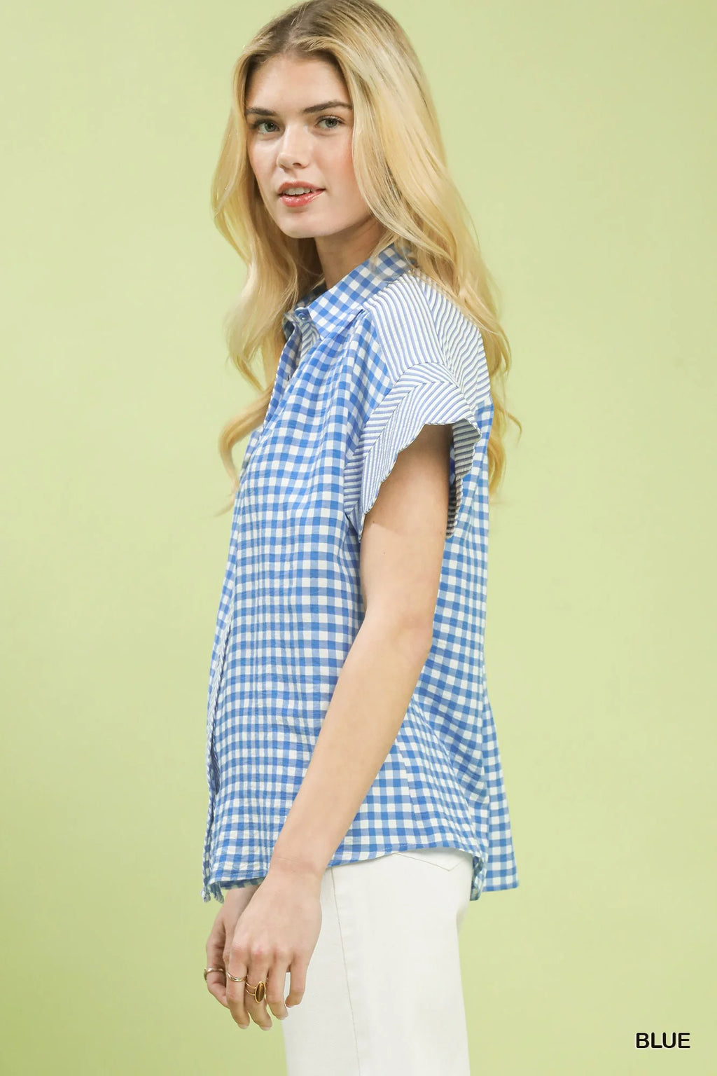 Umgee Mixed Gingham Short Sleeve Shirt in Blue