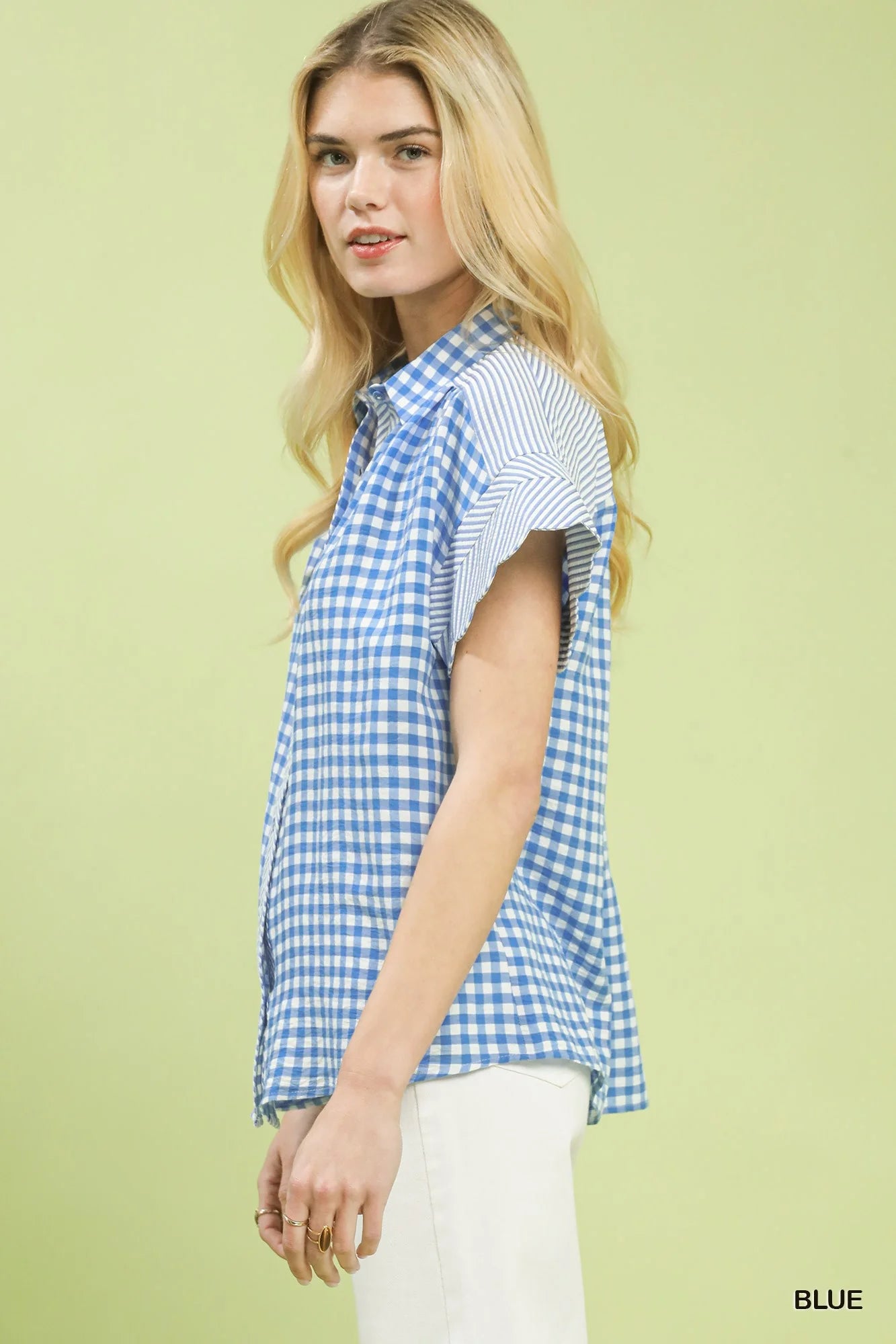 Umgee Mixed Gingham Short Sleeve Shirt in Blue
