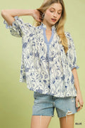 Umgee Mixed Print Button Front Top in Blue