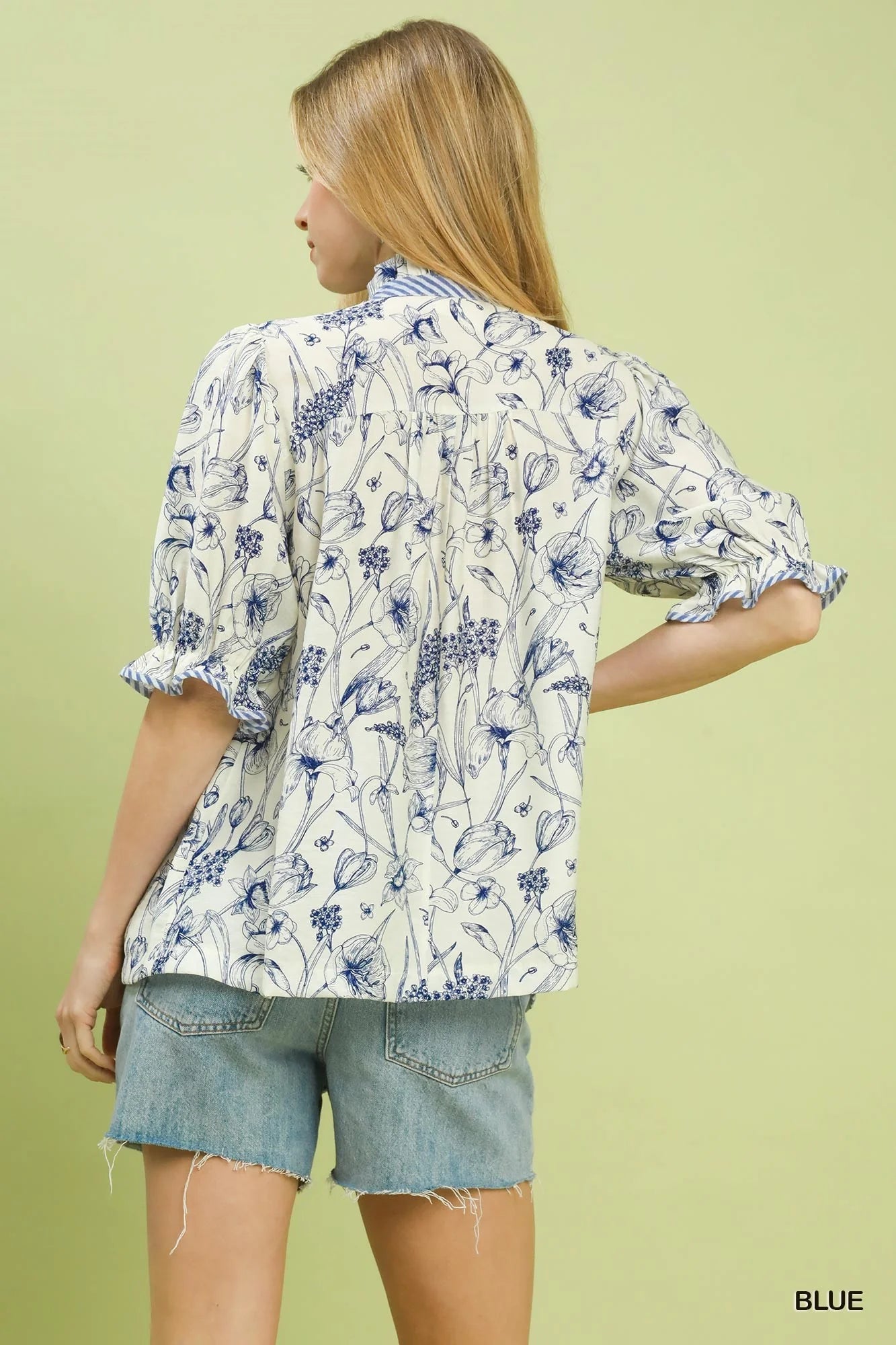 Umgee Mixed Print Button Front Top in Blue
