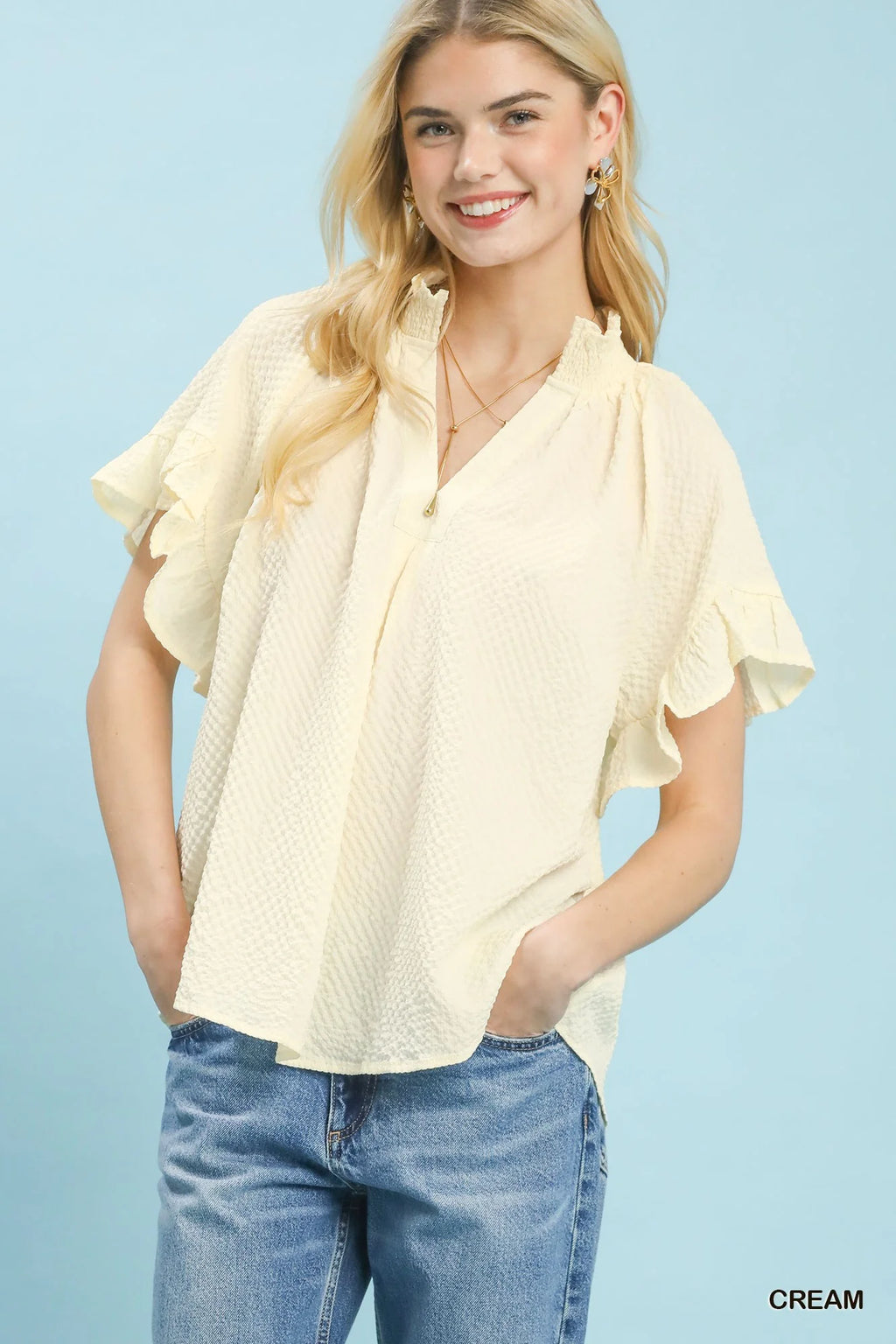 Umgee Textured Ruffle Sleeve Blouse in Cream