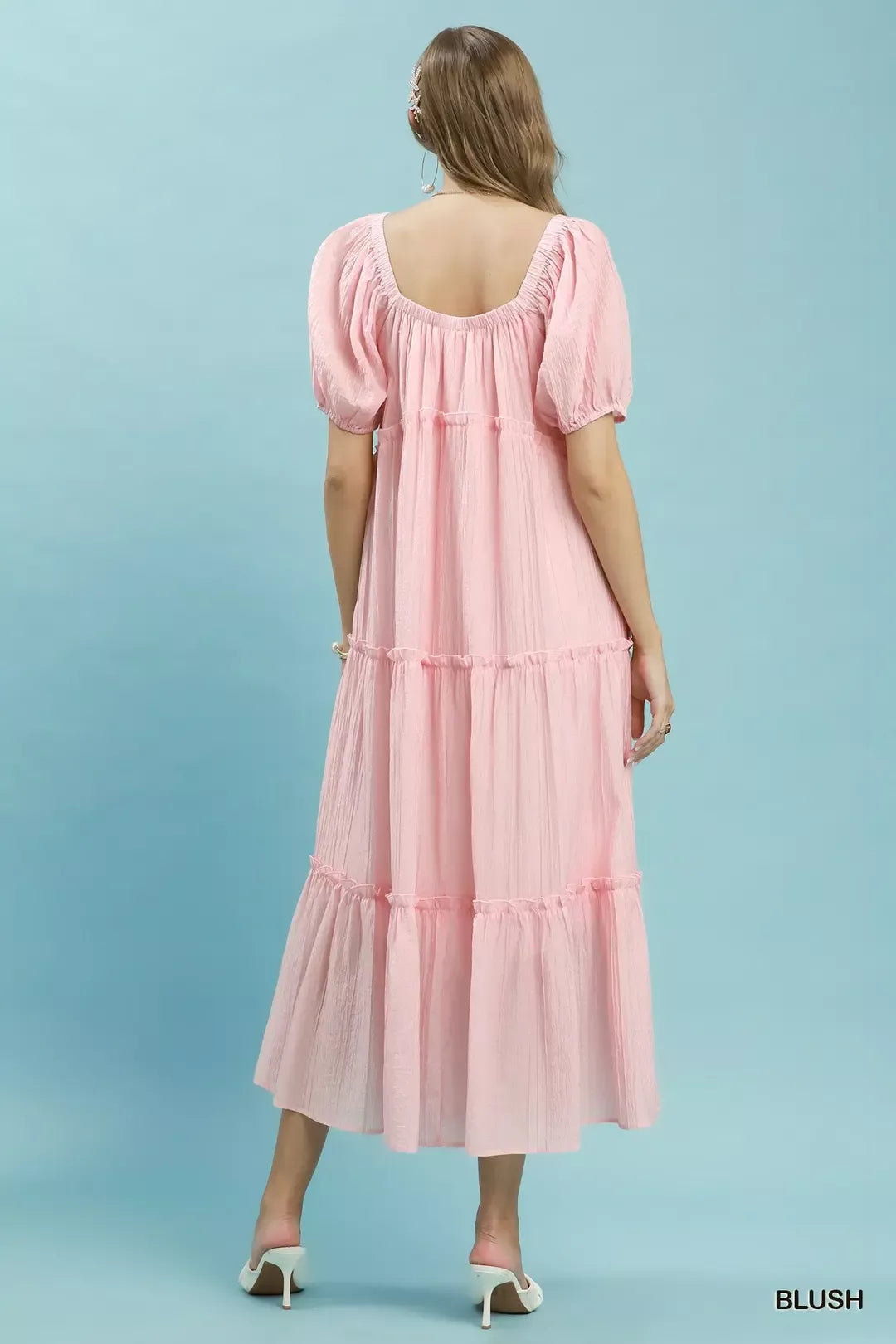 Umgee Textured Tiered Midi Dress in Blush