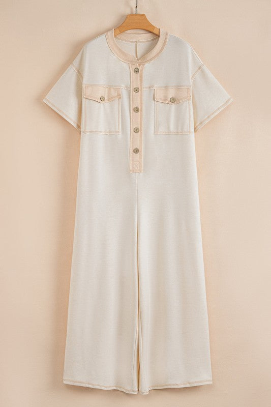 Half Placket Chest Pockets Wide Leg Jumpsuit
