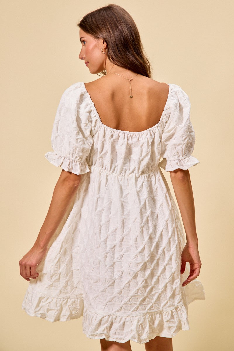 SO ME Texture Woven Ruching On Bust Mini Dress in White