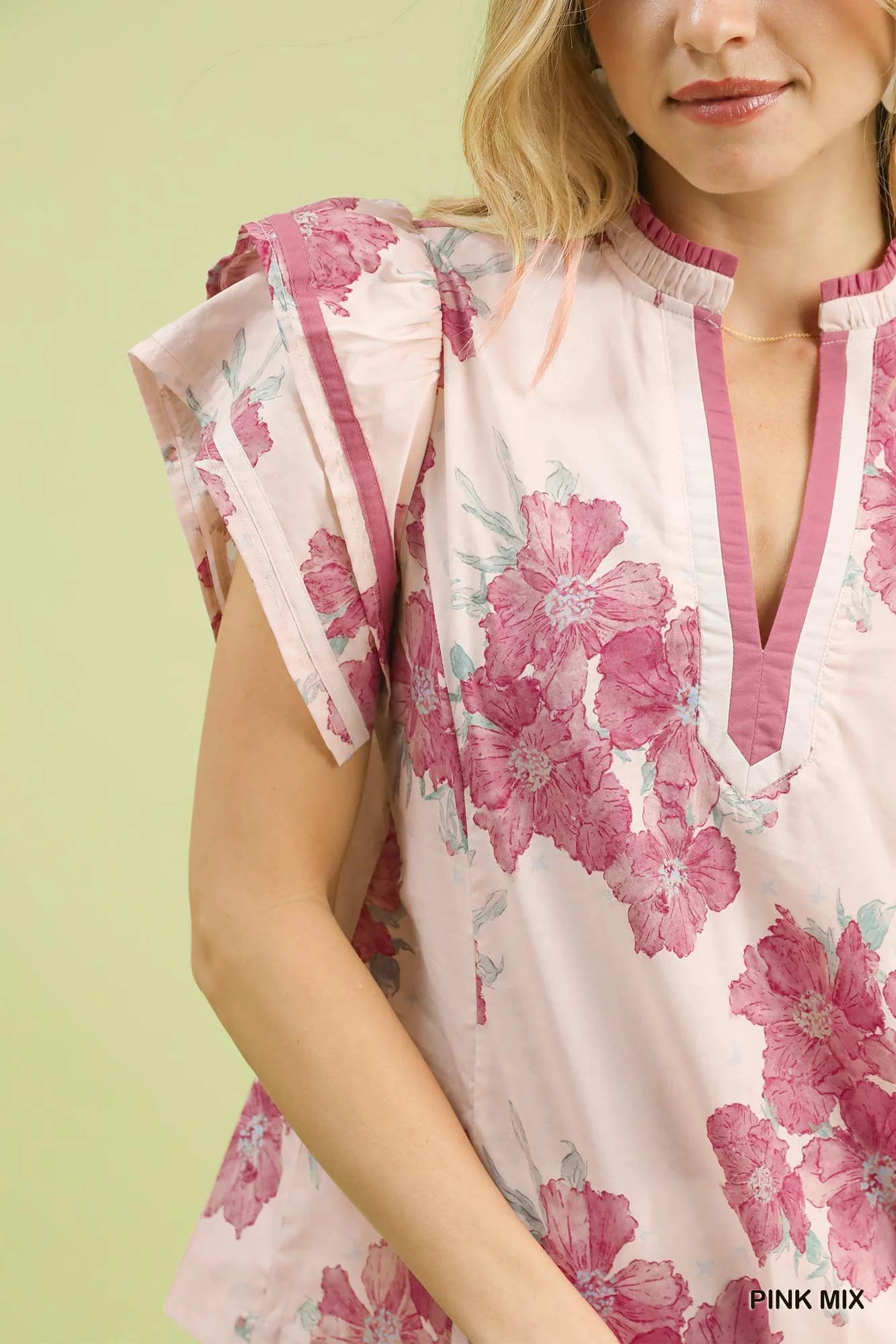 Umgee Mix Floral Ruffle Sleeve Blouse in Pink
