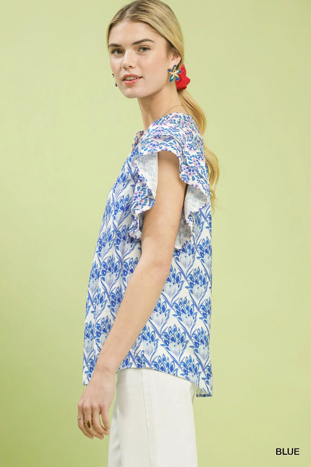 Umgee Double Frill Sleeve Floral Blouse in Blue