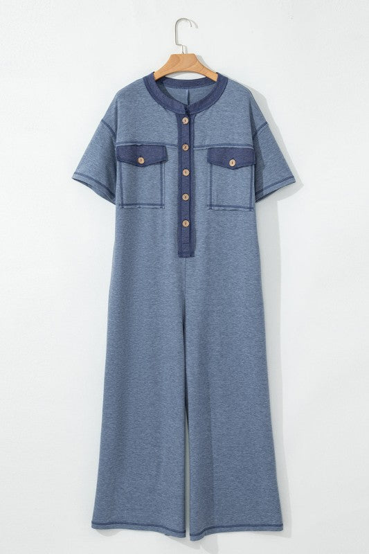 Half Placket Chest Pockets Wide Leg Jumpsuit