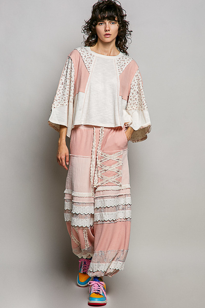 POL Exposed Seam Floral Patchwork Round Neck Textured Slub Knit Top in Natural