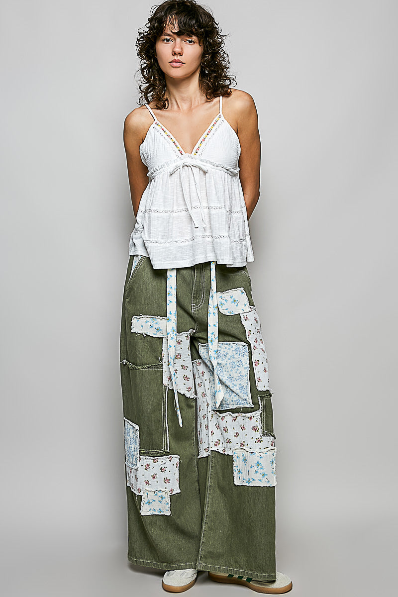 POL V-Neck Embroidered Trim Ruffled Cami in Off White