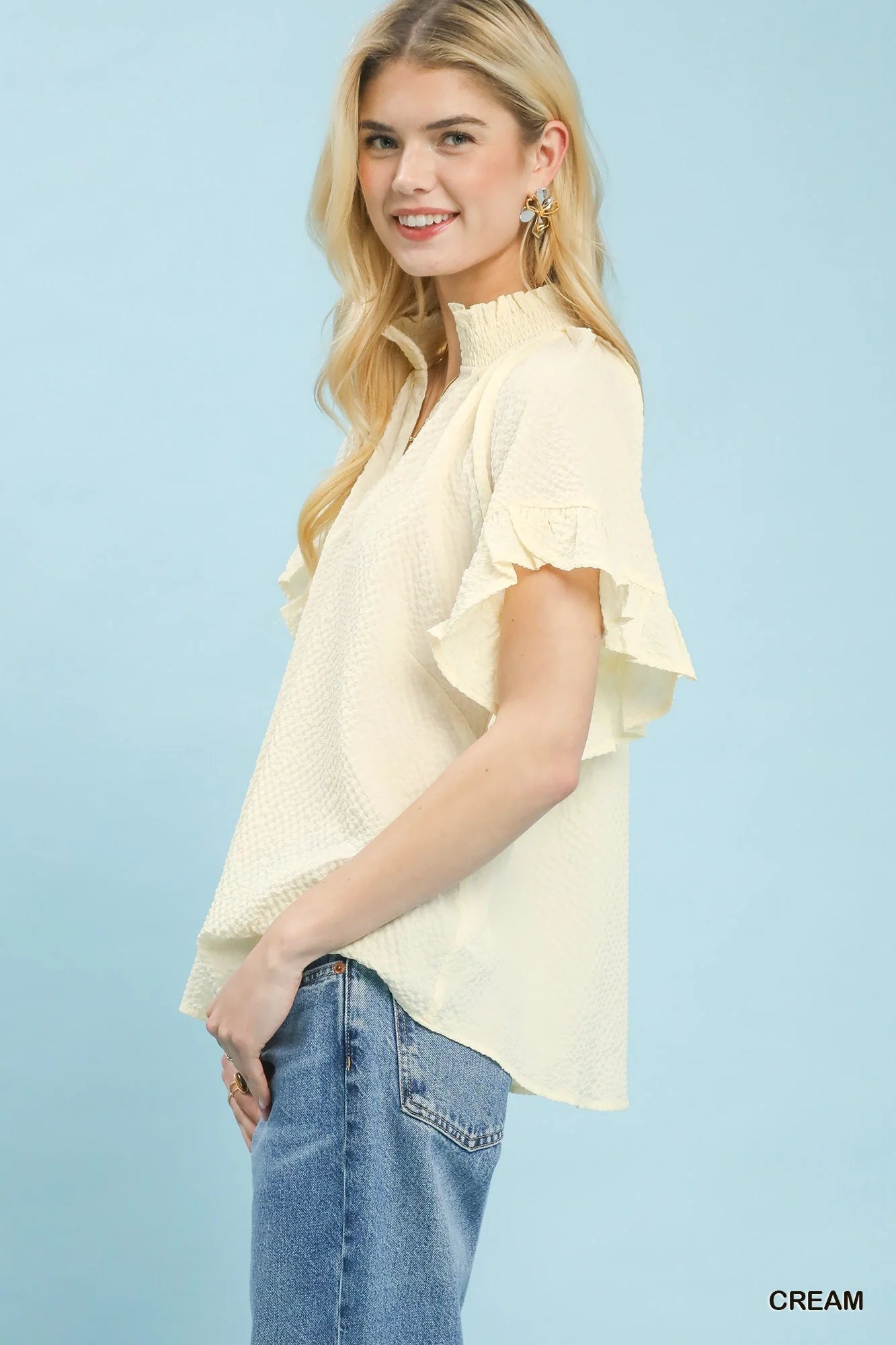 Umgee Textured Ruffle Sleeve Blouse in Cream