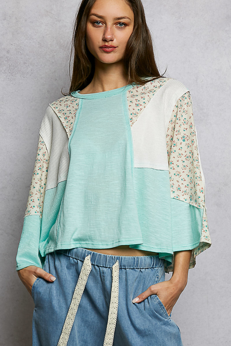POL Exposed Seam Floral Patchwork Round Neck Textured Slub Knit Top in Aqua