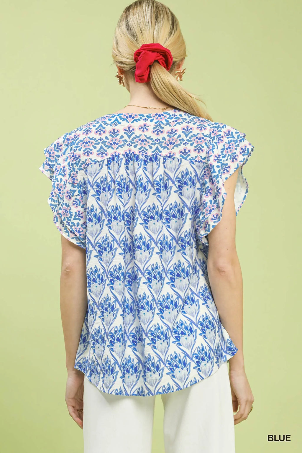 Umgee Double Frill Sleeve Floral Blouse in Blue