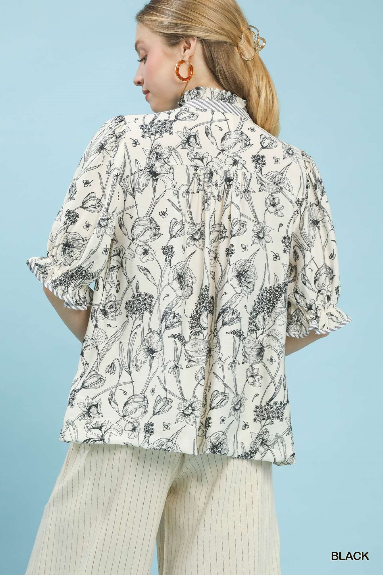 Umgee Mixed Print Button Front Top in Black