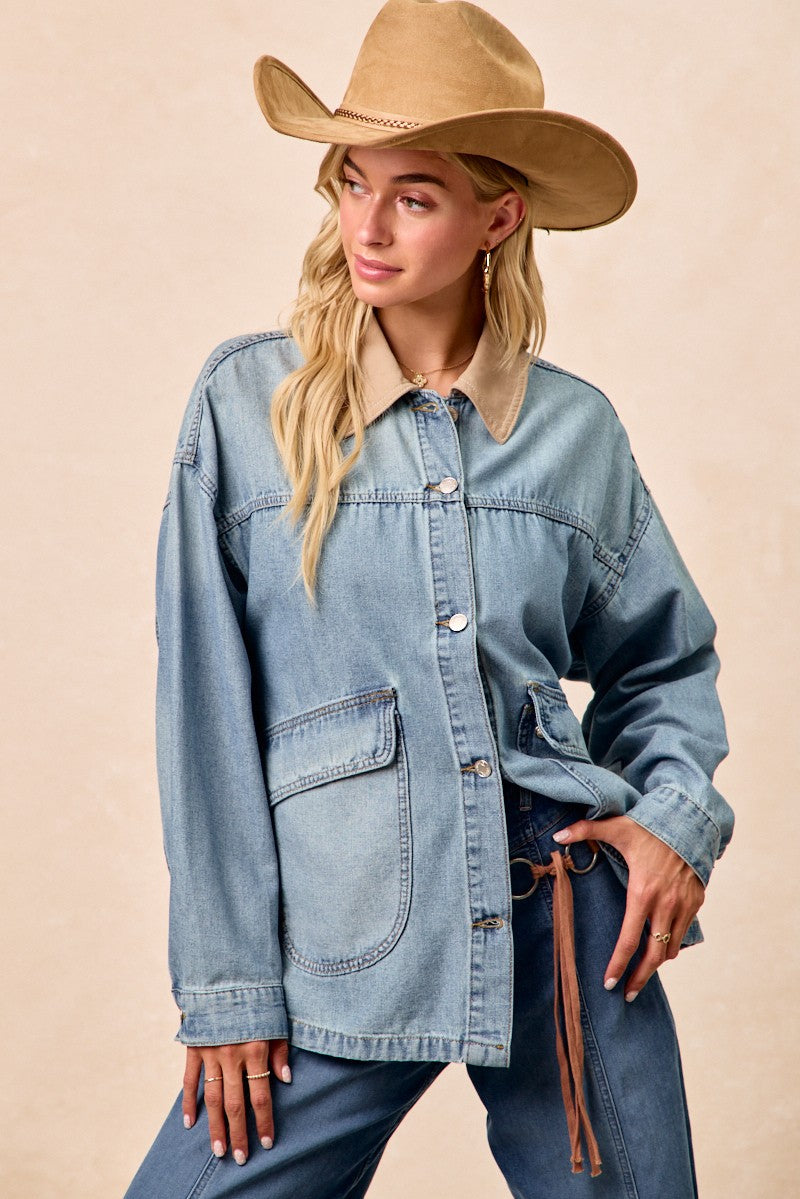 BiBi Washed Denim Contrast Collar Jacket
