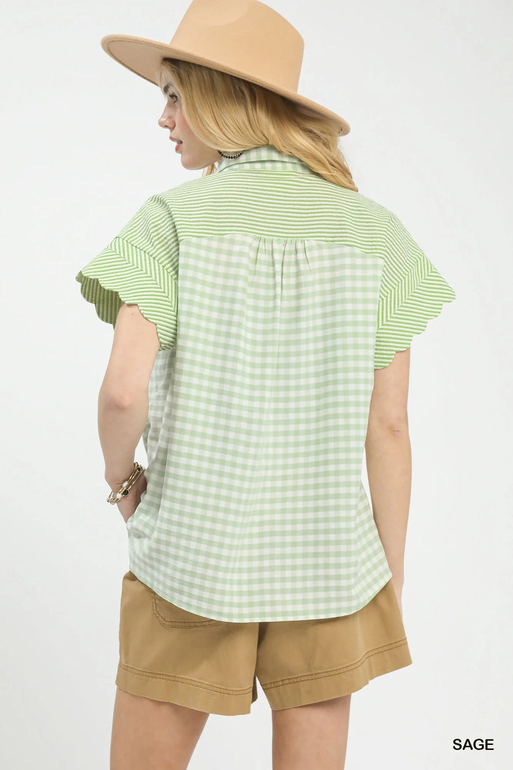 Umgee Mixed Gingham Short Sleeve Shirt