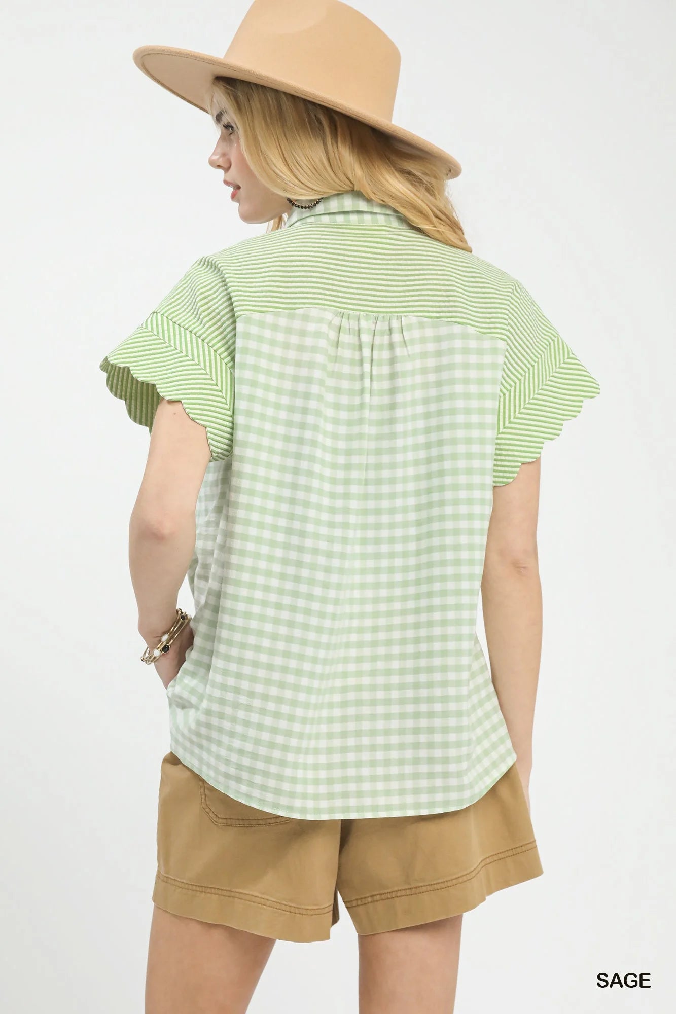 Umgee Mixed Gingham Short Sleeve Shirt